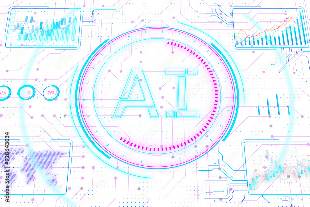 Aufkleber Futuristic digital interface with AI text, data charts, and graphs on a white background. Concept of virtual data analysis and cyber intelligence. 3D Rendering