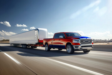 Vibrant Red, White, and Blue Pickup Truck Towing Large Trailer on Highway