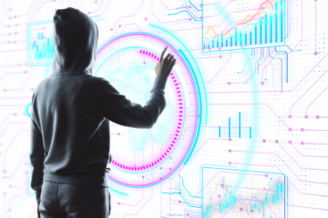 Person in a hoodie facing a digital globe interface on a futuristic screen, with charts and graphs. Background of digital elements. Concept of cyber technology