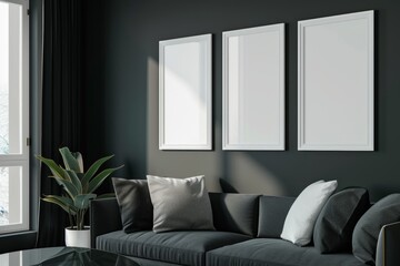 Living room black colors, white vertical Mock up frames with glass reflection.
