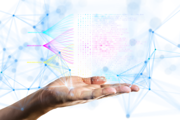 A hand holding digital data streams, visualized with binary code and colored lines, on a white background. Concept of data analysis