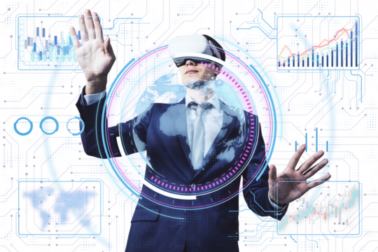 Businessperson wearing a VR headset interacts with holographic data visualizations in a dark, digital space. Concept of virtual and cyber technology