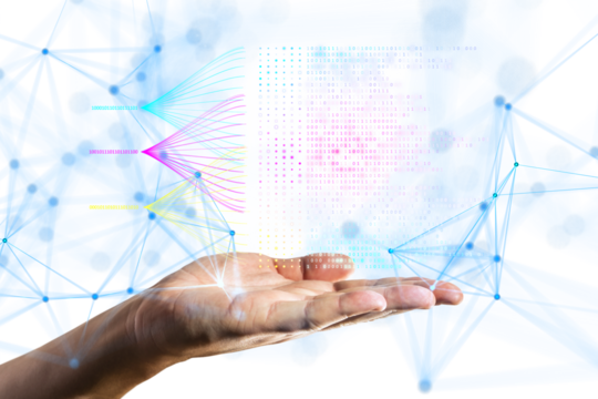 A hand holding digital data streams, visualized with binary code and colored lines, on a white background. Concept of data analysis