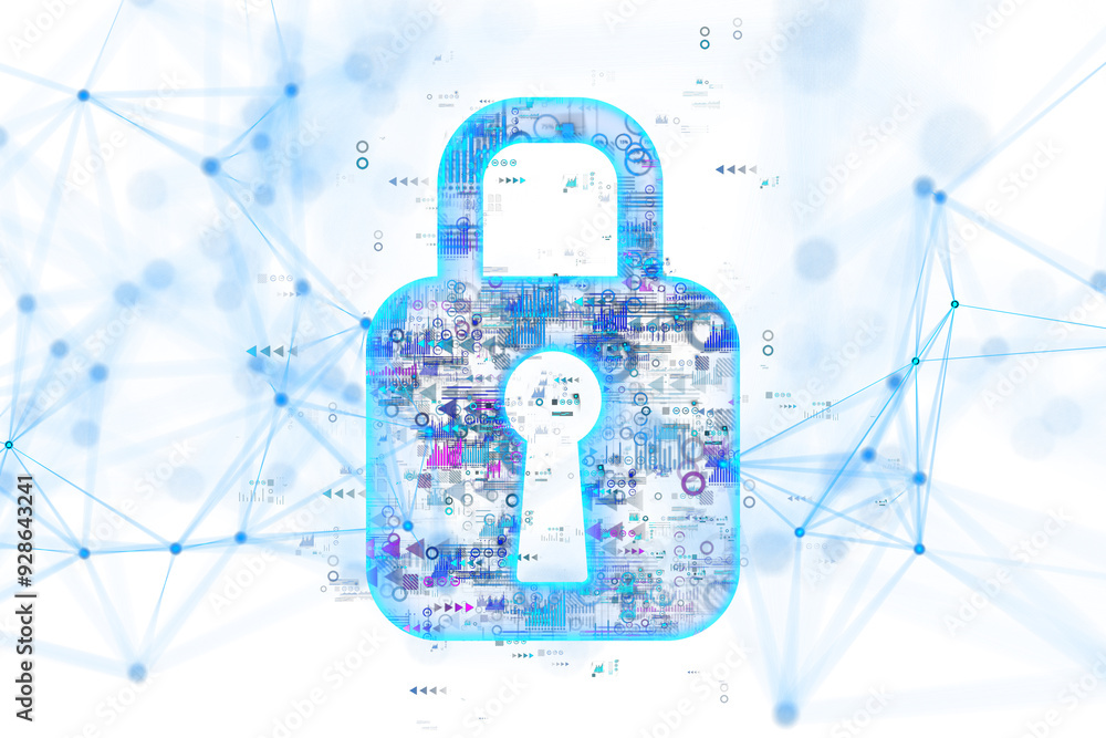 Aufkleber Digital padlock hologram with data elements. Cybersecurity concept on a white background with blue network lines. Modern digital security. 3D Rendering