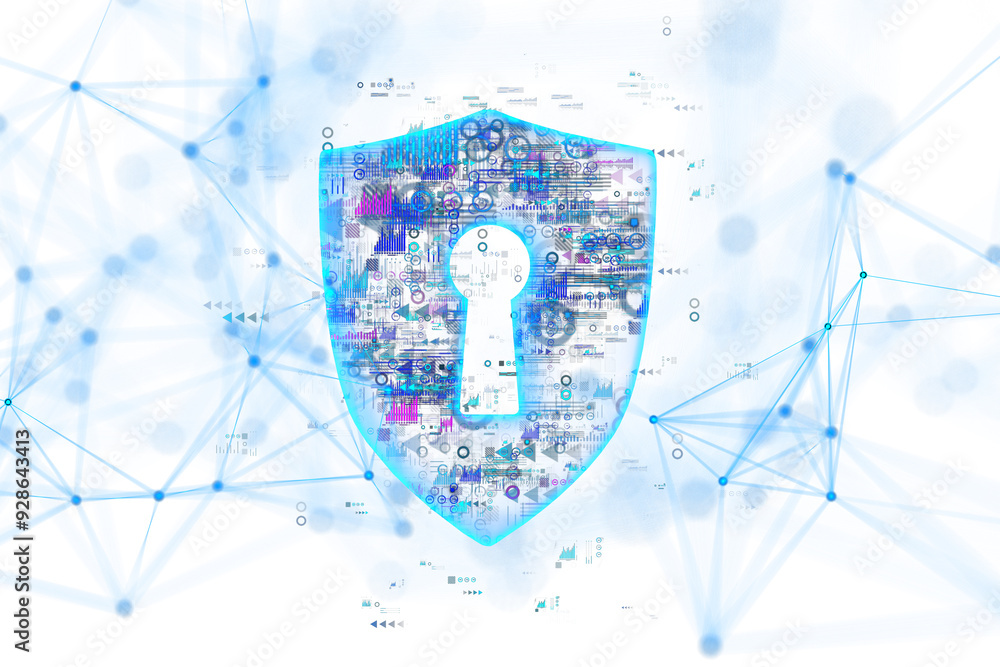 Poster Digital shield with keyhole, filled with data and holographic icons, on a white background with connecting lines. Concept of cybersecurity. 3D Rendering