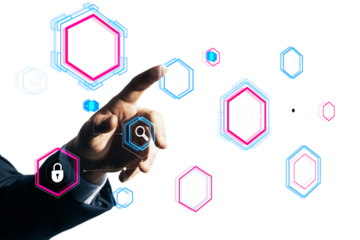 A hand interacting with digital security icons on a white background, representing data protection and cybersecurity concepts. Modern graphic style