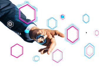 A hand interacts with holographic security and data icons on a white background, representing cyber security concepts and modern technology