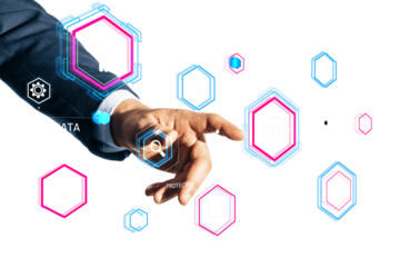 A hand interacts with holographic security and data icons on a white background, representing cyber security concepts and modern technology