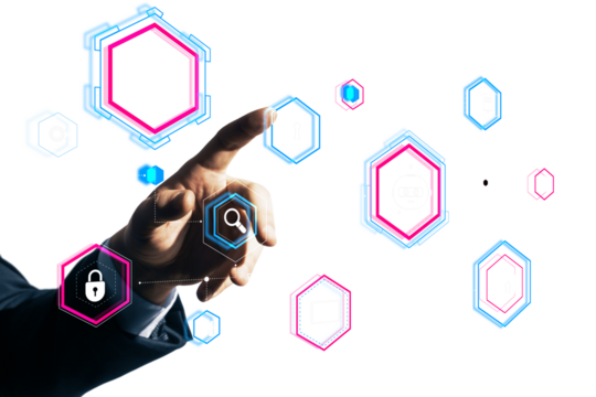 A hand interacting with digital security icons on a white background, representing data protection and cybersecurity concepts. Modern graphic style