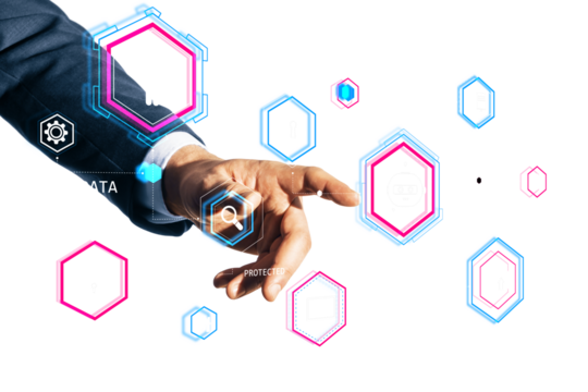 A hand interacts with holographic security and data icons on a white background, representing cyber security concepts and modern technology