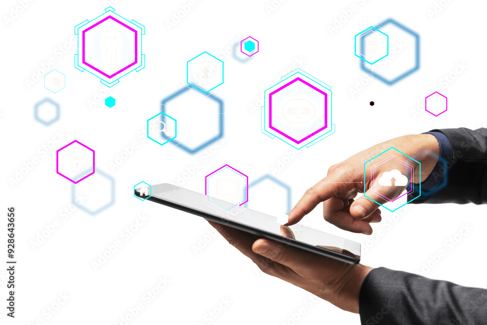 Leinwandbilder Hands using a tablet with virtual holographic security icons and data symbols on a white background. Concept of cyber security and data protection