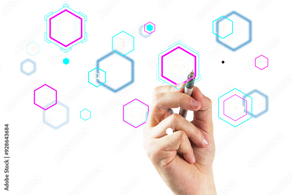 Poster A hand holding a pen interacts with virtual data security icons connected by lines. white background. Concept of cybersecurity and data protection
