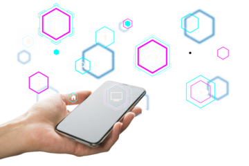 A hand holding a smartphone shows virtual data security icons connected by lines on a white background. Concept of cyber security