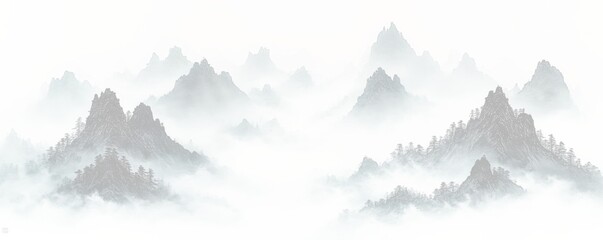 多数の黒い山頂を描いた中国の水墨画
