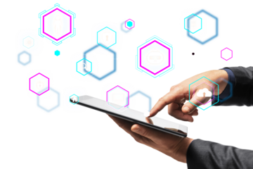 Hands using a tablet with virtual holographic security icons and data symbols on a white background. Concept of cyber security and data protection