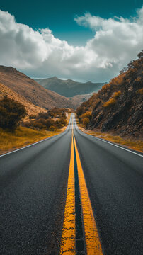 Highway adventure: scenic road trip through vibrant countryside. Road and moutains