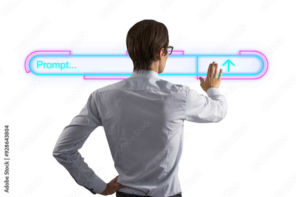 Aufkleber a man in a white shirt interacts with a futuristic holographic prompt interface. the background is w