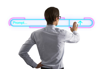 A man in a white shirt interacts with a futuristic holographic prompt interface. The background is...