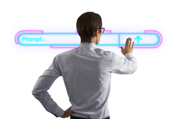A man in a white shirt interacts with a futuristic holographic prompt interface. The background is white. Concept of virtual and digital interaction
