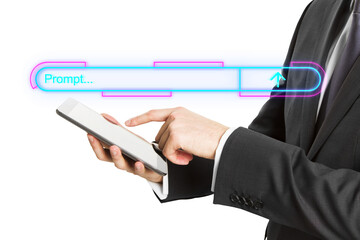 A businessman in a suit uses a tablet with a glowing neon prompt bar. white background. Concept of...