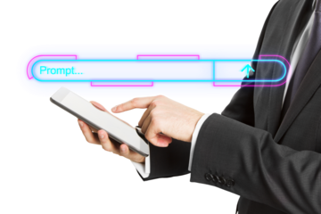 A businessman in a suit uses a tablet with a glowing neon prompt bar. white background. Concept of digital input and technology