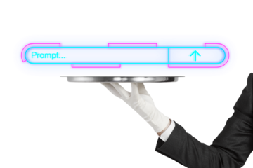 Waiter's gloved hand holding a tray with a futuristic neon digital prompt search bar floating above, isolated on white background. Concept of technology and service