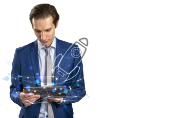 Businessman in a suit interacts with a tablet, holographic rocket icon, white background, concept of technology and innovation