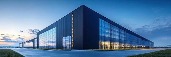 Modern industrial building with glass facade at dusk, 3D rendering