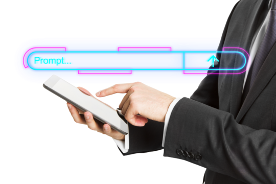 A businessman in a suit uses a tablet with a glowing neon prompt bar. white background. Concept of digital input and technology