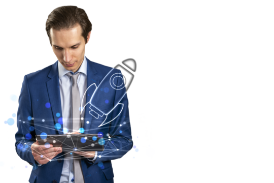 Businessman in a suit interacts with a tablet, holographic rocket icon, white background, concept of technology and innovation