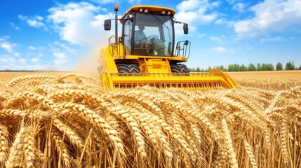 Obraz premium A combine harvester operates in a golden wheat field under bright sunlight, collecting crops during the peak of the harvesting season