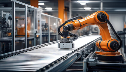 industrial robot arm working efficiently conveyor belt factory setting