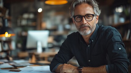 An architect, a mature man, is working at his desk indoors in the office on a computer.