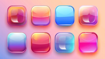 A collection of glassmorphism buttons in different shapes and sizes, with vibrant gradient backgrounds and frosted glass effects