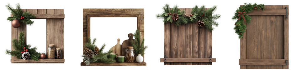 A collection of rustic wooden doors adorned with festive wreaths, perfect for holiday decorations and seasonal charm.