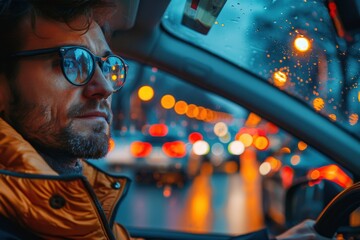 Fototapeta premium An individual is in a car at night with the city's colorful lights reflecting on the wet window, creating a vibrant, urban atmosphere as they navigate through the streets.