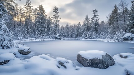 A serene winter landscape featuring a frozen pond surrounded by snow-covered trees.