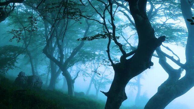 Beech forest (Fagus sylvatica) in the mist in spring in the Collados del As&oacute;n Natural Park. Aerial view from a drone. Hills of Ason Natural Park. Soba Valley, Cantabria, Spain, Europe