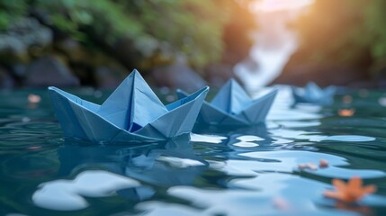 one blue origami ships on blue background with water