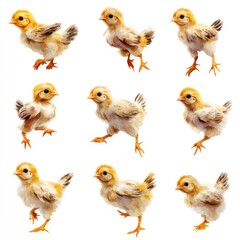 Naklejka premium A collection of cute, fluffy chicks in various poses on a white background.