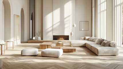Scandinavian living room with family area, hanging fireplace, wood parquet flooring, 