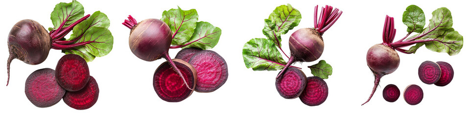 set of a top view of a whole and sliced beet with leaves. With a clipping path. The full depth of field is in focus on a transparent background