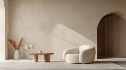 Armchair and Sofa in Minimalist Japandi interior design, Scandinavian interior design of modern living room against arch stucco wall, Antique White, Light and Shadow