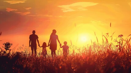 Fototapeta premium Family Silhouettes Walking Hand-in-Hand Against a Vibrant Sunset