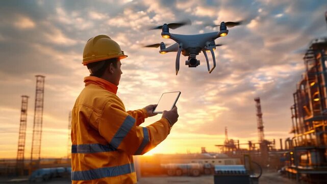 A worker operates a drone for inspections at an industrial facility, showcasing modern technology use.