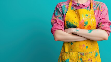 An artist with a paint-covered apron and crossed arms embodies the spirit of creativity and hard work. Ideal for projects related to art, creativity, and DIY concepts.