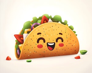 Cheerful Cartoon Taco with Fillings and Cheese on White Background