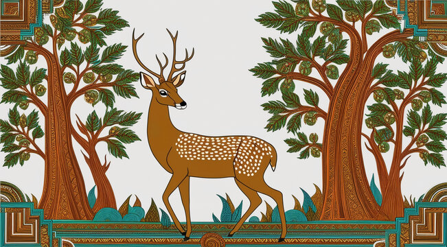 Traditional Gond art from India of deer and trees on a white textured background