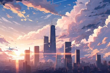 Soaring Ambitions: anime-style Aircraft Gliding Through Skyscrapers, a Symbol of Travel and Aspiration for Leisure Getaways,Anime-Style,illustration,Picture BooksFor Poster,Novel,UI,WEB,Game,Design,Ab