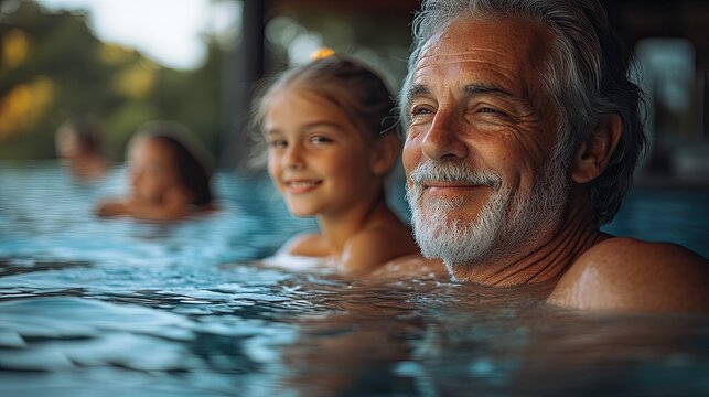 A multi-generational family relaxes in the backyard, enjoying summer time by the pool.